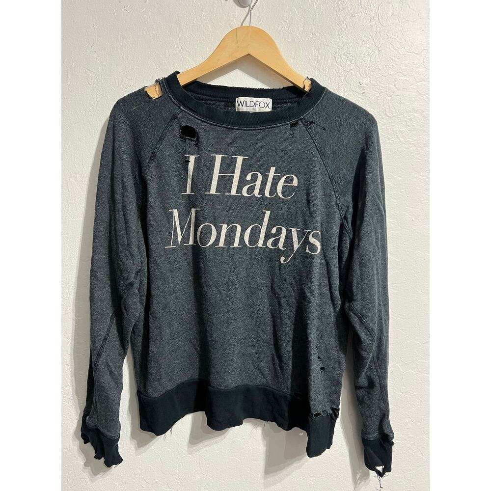 Wildfox Sweatshirt Women Med Distressed Charcoal Gray Crewneck I Hate Mondays